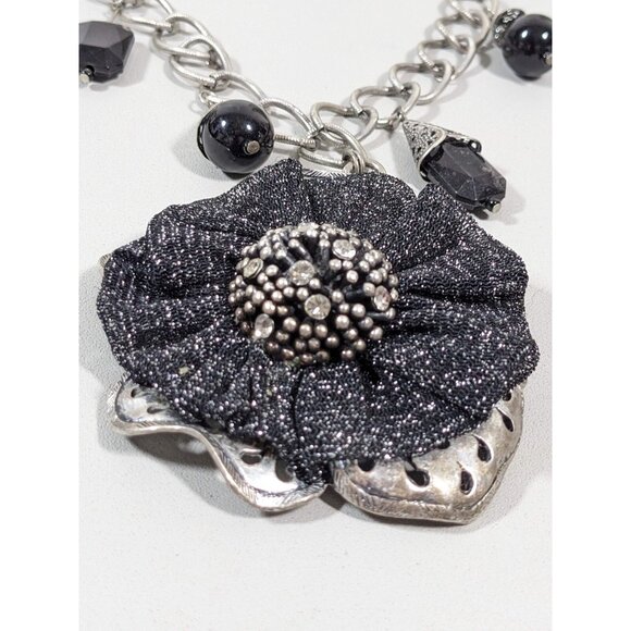 Bali Style Coastal Black Flower Rhinestone Pendant Charm Necklace Bold 22 in - Picture 4 of 11